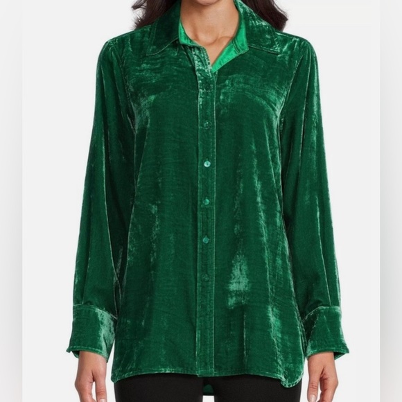 John Mark Crushed Velvet Button Down Top Women’s Size XL Green Boho Long Sleeve - Picture 1 of 7